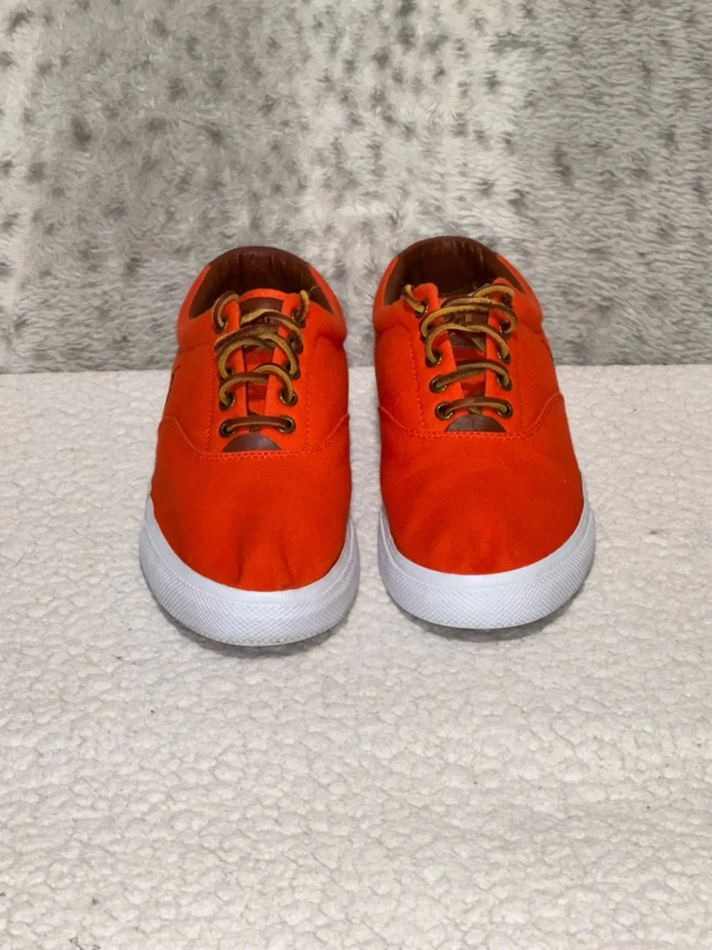 Polo by Ralph Lauren Vaughn Orange Canvas Sneakers with Brown Trim Men Sz 10.5D